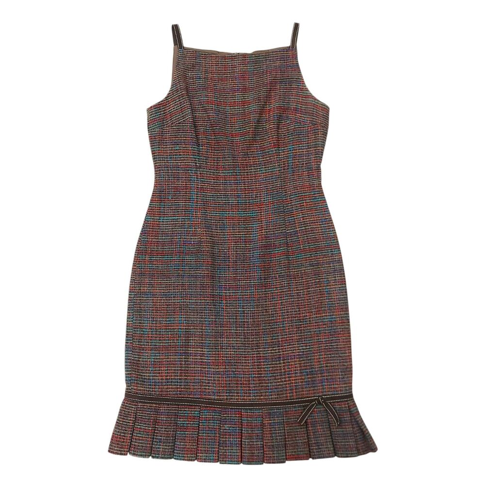 David Meister Dress Womens 8 Brown Sheath 100% Silk Sleeveless Pleated Tweed